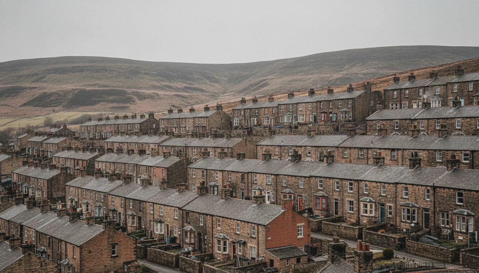 Terraced housing rising toward moorland in an East Lancashire town, illustrative