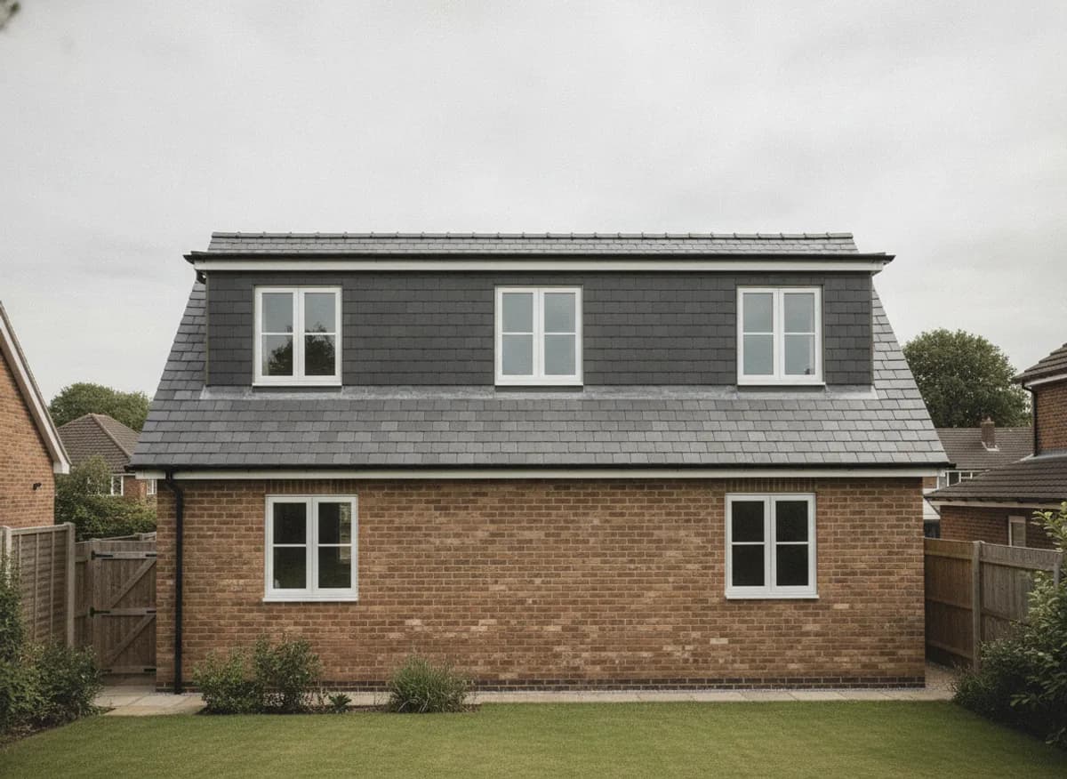 Rear dormer loft conversion on a brick semi detached house seen from the garden
