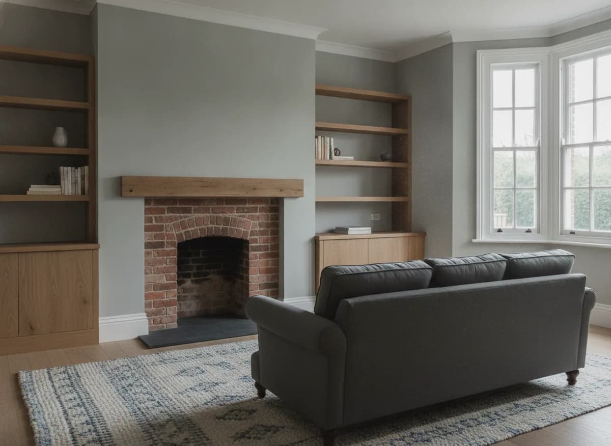 Finished living room with fitted alcove shelving and deep skirting boards
