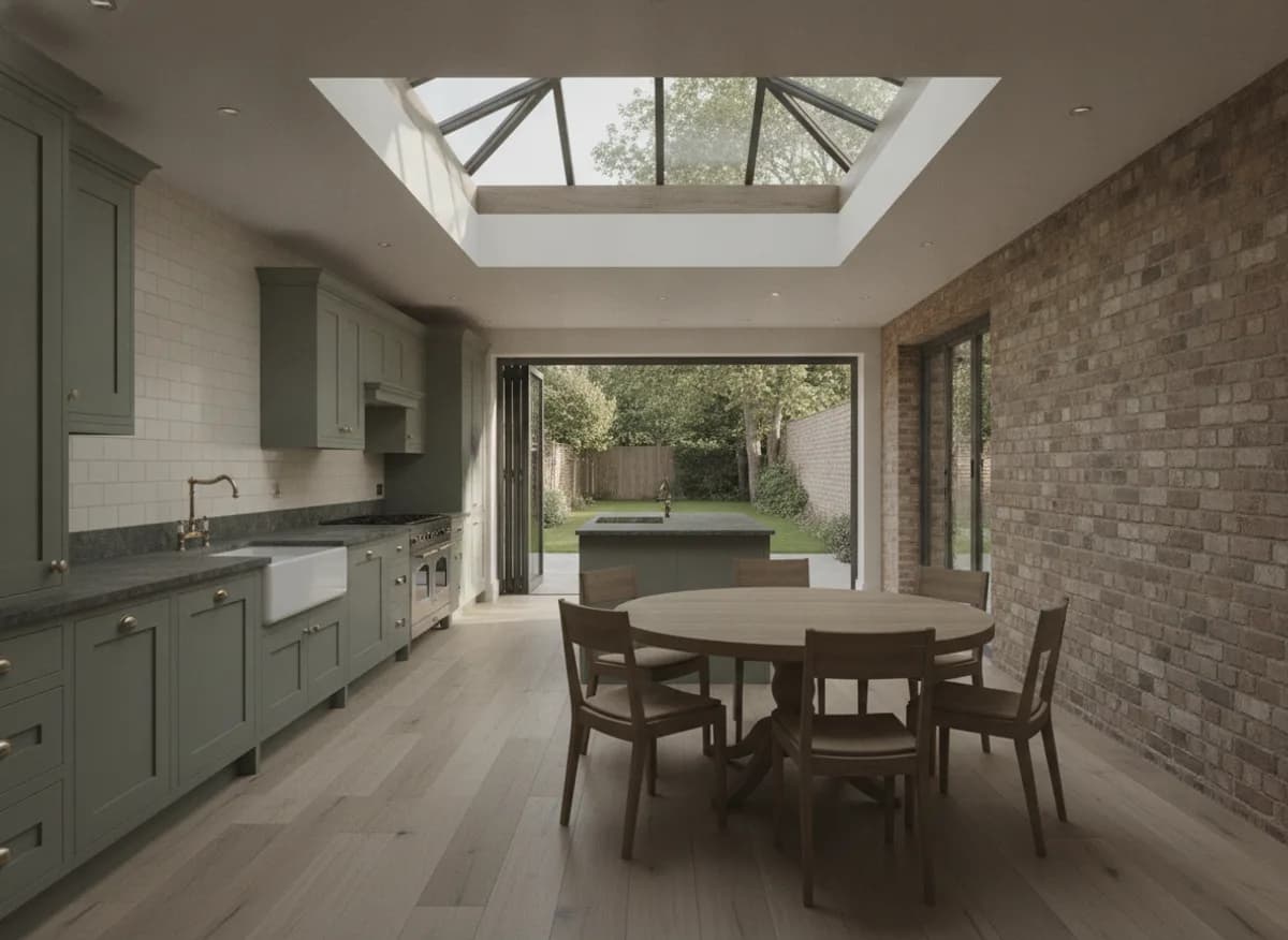 Open plan kitchen diner with a roof lantern above the dining table