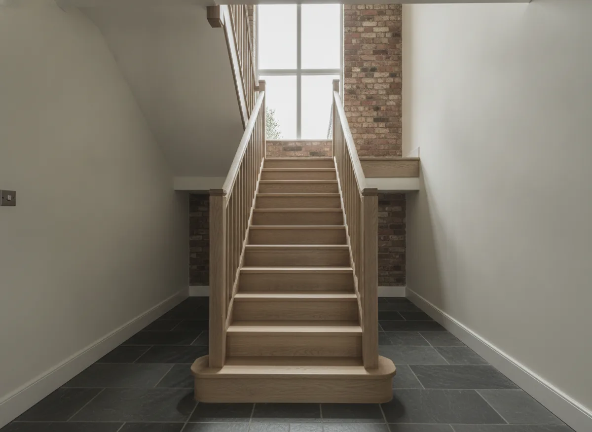 Bespoke solid oak staircase with a square spindle balustrade in a hallway