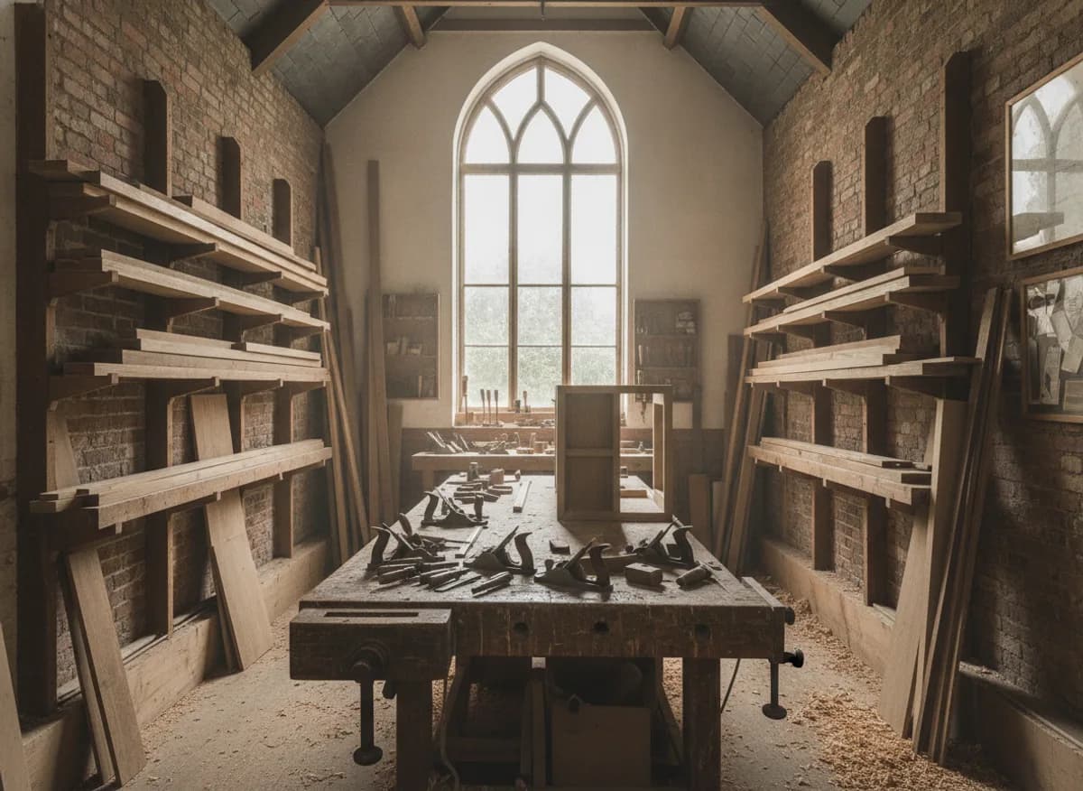 Joinery workshop bench with hand planes and chisels and stacked timber